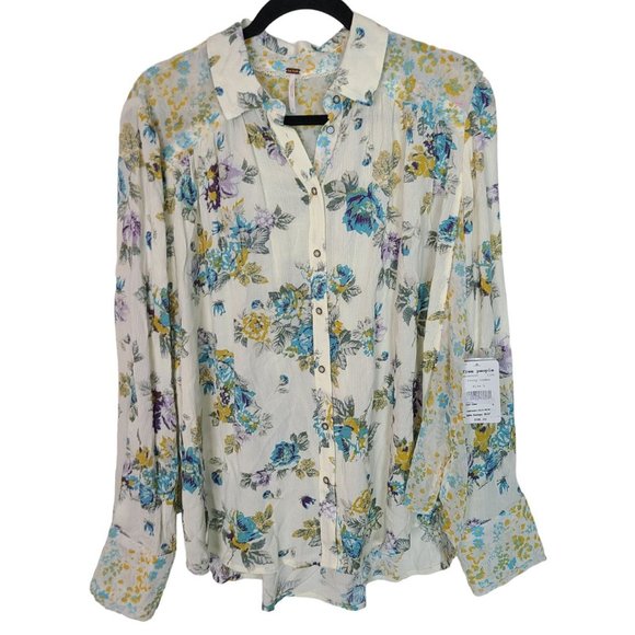 Free People Womens L Cream Floral Hold On To Me Long Sleeve Button Up Blouse NWT - Picture 2 of 11